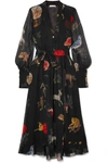 Oscar De La Renta Belted Printed Silk-chiffon Midi Dress In Black Multi