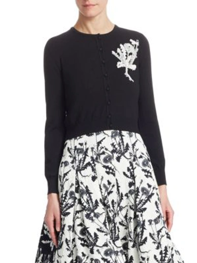 Oscar De La Renta Dandelion-embroidered Crewneck Button-front Cropped Wool Cardigan In Black-white