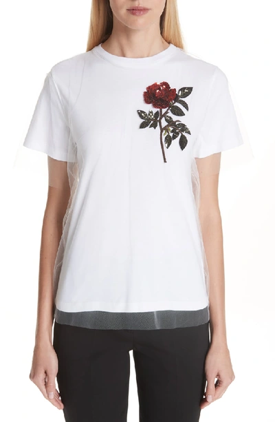 Oscar De La Renta Crewneck Short-sleeve Tulle Overlay Cotton Tee W/ Sequin Rose In White