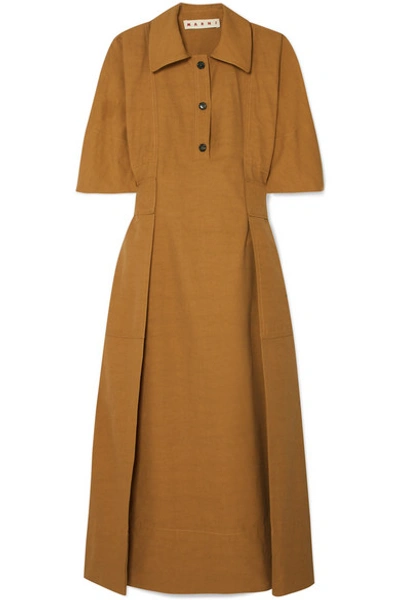 Marni Short-sleeve 3-button Self-belt Ankle-length Cotton-linen Dress In Brown
