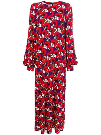 Marni Long-sleeve Floral-deco Print Ankle-length Dress In Red