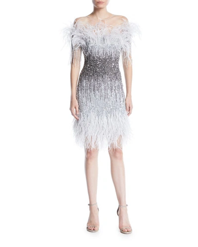 Pamella Roland Ostrich Feather Ombre Sequin Embroidered Cocktail Dress In Gray Metallic