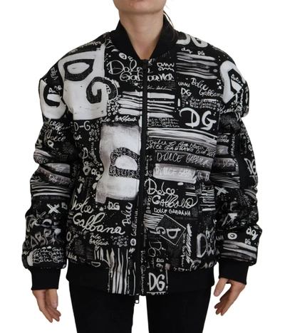 Dolce & Gabbana Black Printed Nylon Full Zip Bomber Jacket