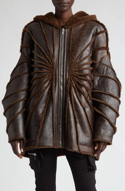 Rick Owens Genuine Shearling Web Detail Leather Jacket In Brown