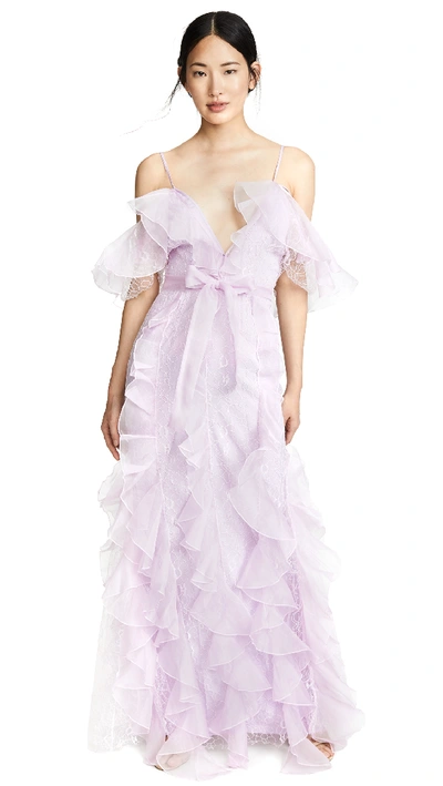 Alice Mccall My Baby Love Cold-shoulder Ruffled Silk-organza And Corded Lace Maxi Dress In Lilac