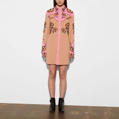Coach Western Crepe Dress W/ Floral Embroidery In : Pink