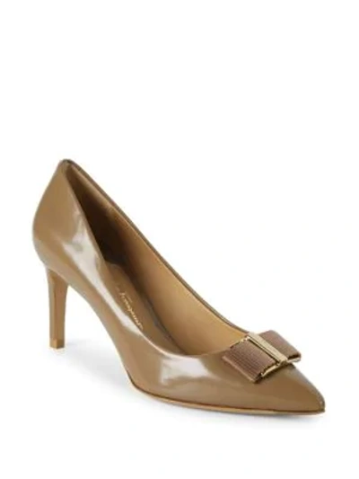 Ferragamo Bow Point Toe Leather Pumps In Clay