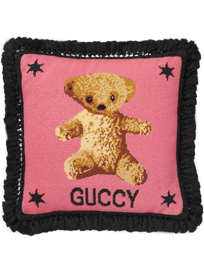 Gucci Needlepoint Cushion With Teddy Bear In Pink Multi