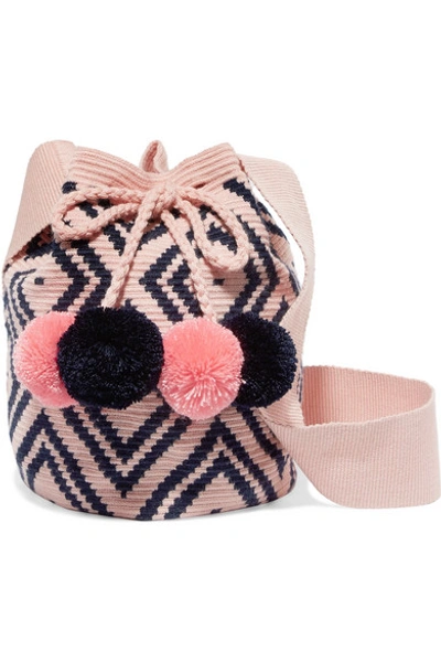 Sophie Anderson Lila Pompom-embellished Woven Bucket Bag In Pink