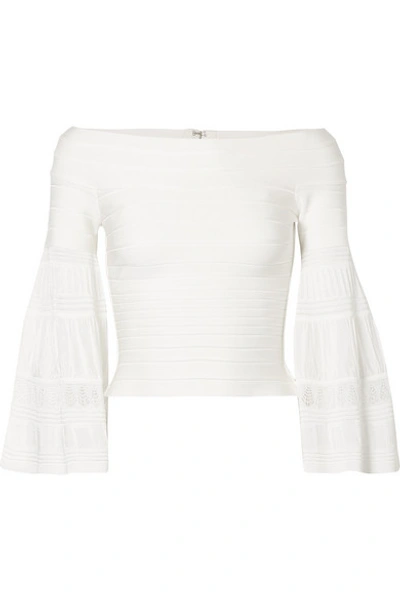 Herve Leger Off-the-shoulder Textured Knit-paneled Bandage Top In White