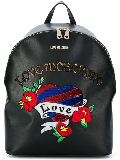 Love Moschino Black Faux Leather Backpack With Heart Pattern