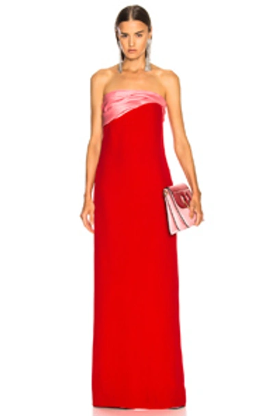Oscar De La Renta Contrast Bodice Strapless Gown In Pink,red