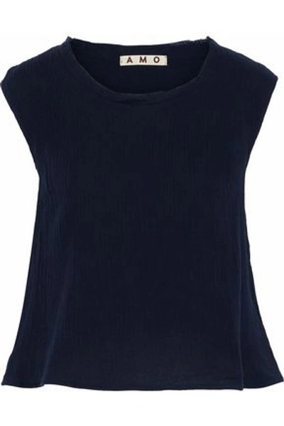 Amo Woman Ruffled Crinkled-cotton Top Navy
