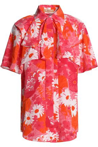 Michael Kors Collection Woman Pussy-bow Floral-print Silk Crepe De Chine Shirt Coral