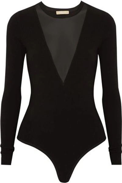 Michael Kors Mesh-paneled Stretch-jersey Bodysuit In Black