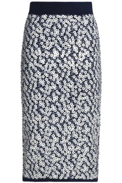 Michael Kors Collection Woman Floral-appliquéd Jacquard-knit Pencil Skirt Navy