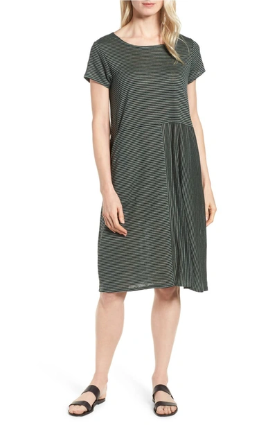 Eileen Fisher Short-sleeve Striped Organic Linen Jersey Dress, Petite In Nori