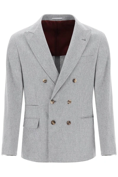Brunello Cucinelli Herringbone Wool And Cashmere Blazer In Grey