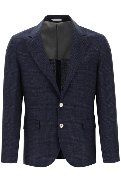 Brunello Cucinelli Prince Of Wales Blazer In Wool, Silk And Linen In Blue