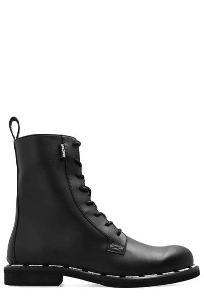 Moschino Logo-patch 35mm Lace-up Combat Boots In Schwarz