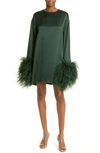 Lapointe Ostrich Feather Trim Long Sleeve Crepe Shift Dress In Green