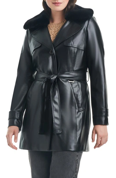 Vince Camuto Belted Faux Leather Jacket With Removable Faux Fur Collar In Black
