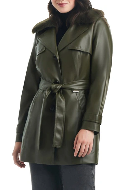 Vince Camuto Belted Faux Leather Jacket With Removable Faux Fur Collar In Olive