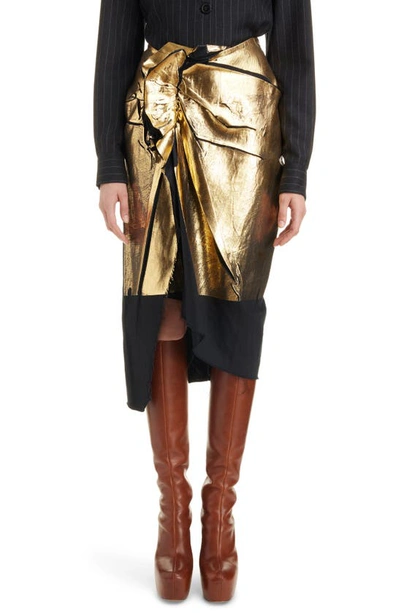 Dries Van Noten Sinam Metallic Coated Draped Twill Skirt In Gold