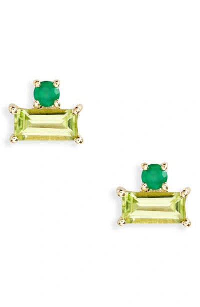 Bony Levy Baguette Peridot & Green Agate Stud Earrings In 14k Yellow Gold