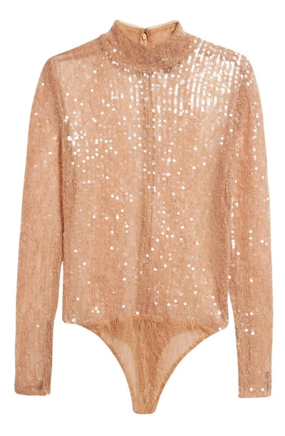 Retroféte Jessa Sequin Sheer Lace Bodysuit In Tannin