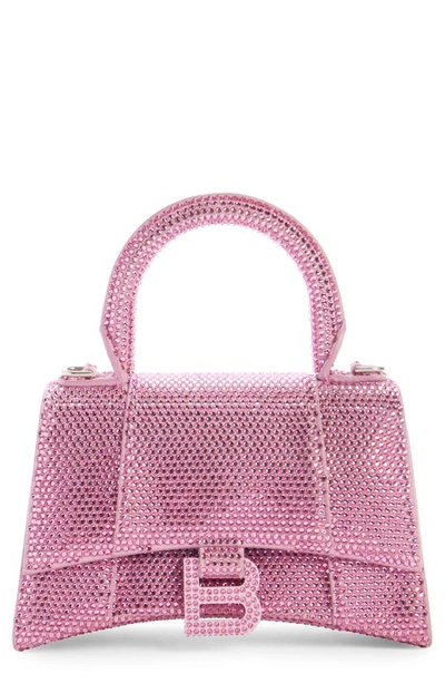 Balenciaga Extra Small Hourglass Crystal & Suede Top Handle Bag In Taffy Rose
