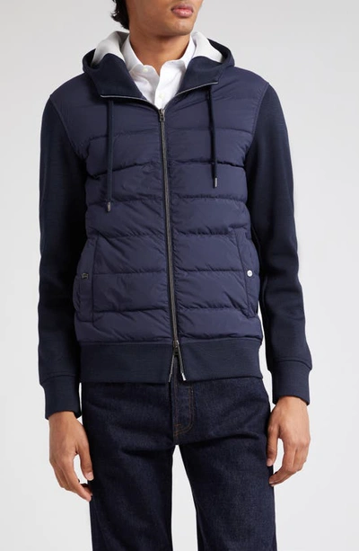 Herno Mixed Media Quilted Hoodie In 9219 - Navy
