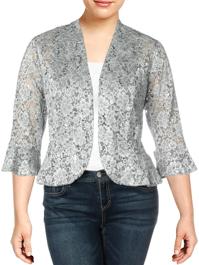 R & M Richards Plus Womens Lace Sequined Jacket In Silver