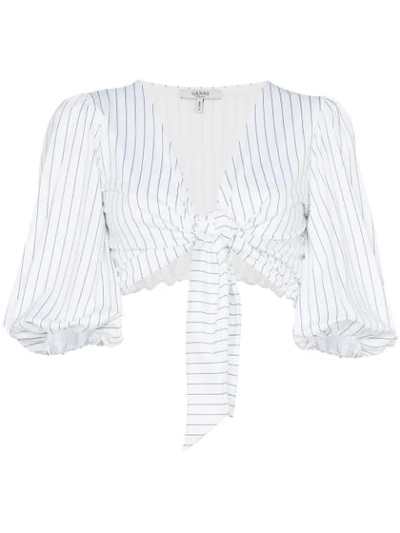 Ganni White Stripe Crop Top With Puff Sleeves