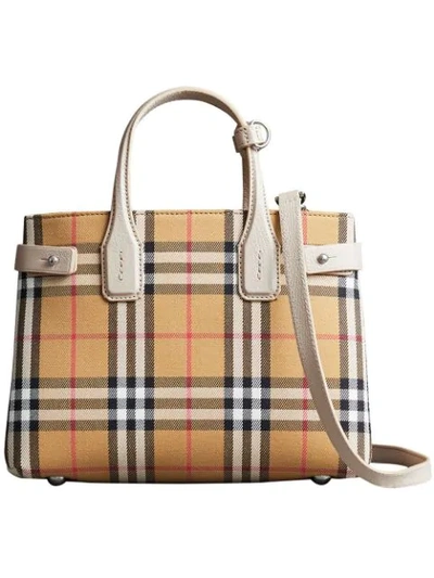 Burberry Brown Check Banner Small Vintage And Leather Tote Bag In Beige/ Limestone