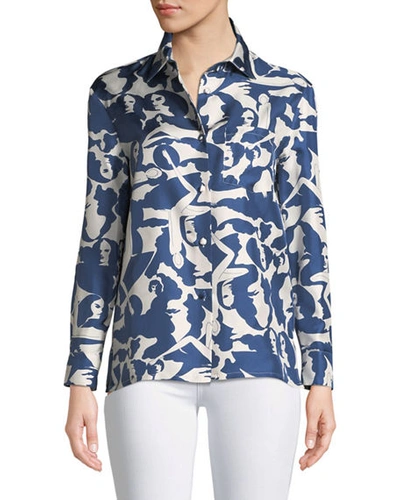 Double J Button-down Long-sleeve Printed Silk Boy Shirt In Blue Pattern