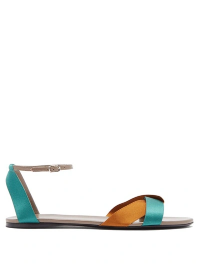The Row Colorblock Ribbons Flat Sandals In Teal Green