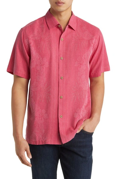 Tommy Bahama Bali Border Floral Jacquard Short Sleeve Silk Button-up Shirt In Fuschia Rose