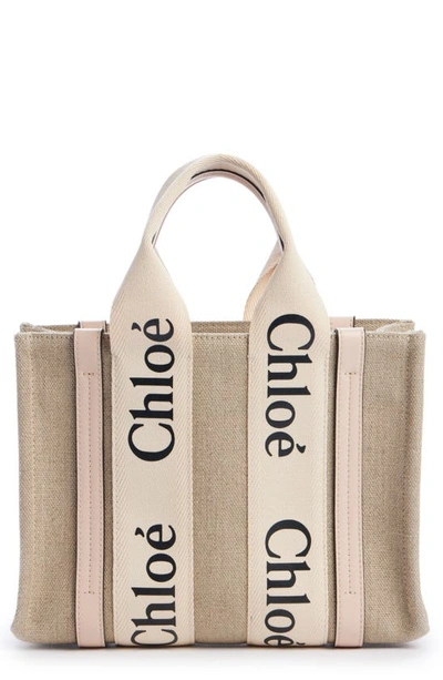 Chloé Small Woody Logo Strap Linen Tote In Pink