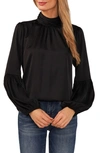 Cece Mock Neck Blouson Sleeve Satin Top In Rich Black