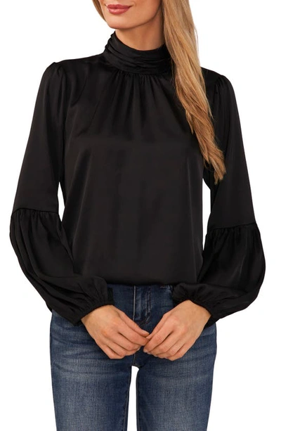 Cece Mock Neck Blouson Sleeve Satin Top In Rich Black