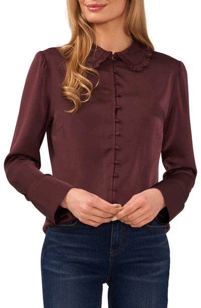 Cece Ruffle Collar Satin Button-up Blouse In Rich Cabernet