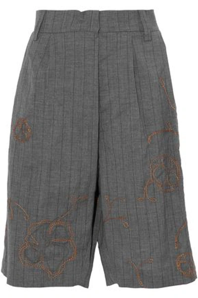 Brunello Cucinelli Embellished Striped Wool And Linen-blend Shorts In Anthracite