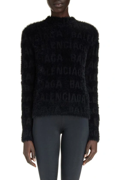 Balenciaga Fitted Furry Logo Jacquard Wool Blend Jumper In Black