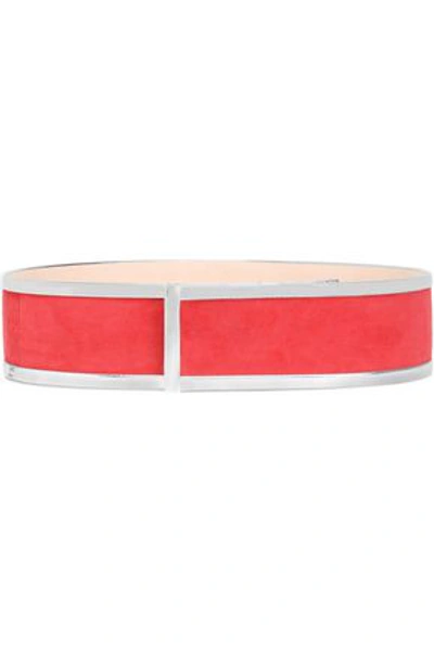 Balmain Woman Metallic Leather-trimmed Suede Belt Red