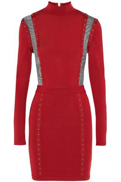 Balmain Woman Mesh-paneled Studded Stretch-knit Turtleneck Mini Dress Crimson