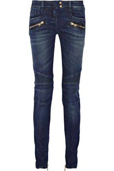 Balmain Moto-style Low-rise Skinny Jeans In Blue