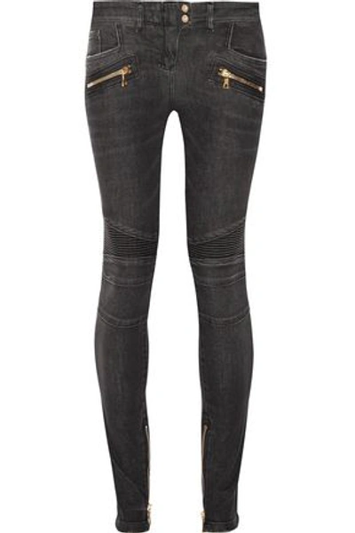 Balmain Moto-style Distressed Low-rise Skinny Jeans In Dark Gray