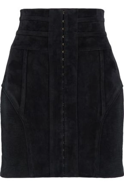 Balmain Woman Rib-paneled Embellished Suede Mini Skirt Black