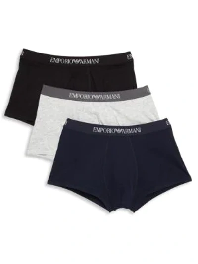 Emporio Armani Pure Cotton 3-pack Trunks In Black Navy Grey Melange